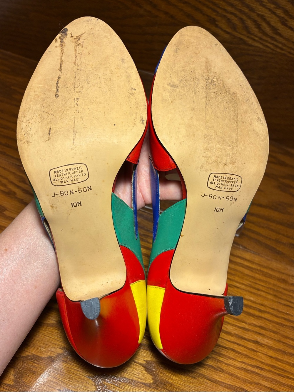 Vintage 80s 90s Calico Colorblock Leather Peep Toe Heels Size 10 - Picture 7 of 16